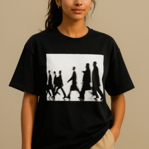 Black oversized t-shirt with grayscale silhouette motion graphic worn by female model – minimalist streetwear style