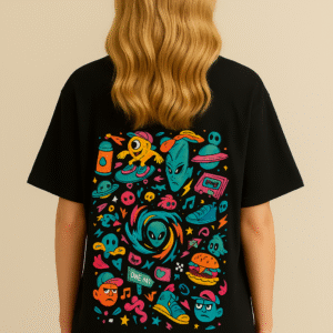 Colorful oversized street-style t-shirt design with alien, burger, retro and skate graphics on black background