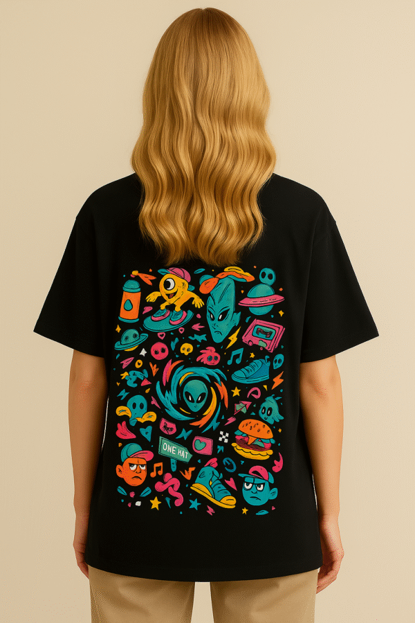 Colorful oversized street-style t-shirt design with alien, burger, retro and skate graphics on black background