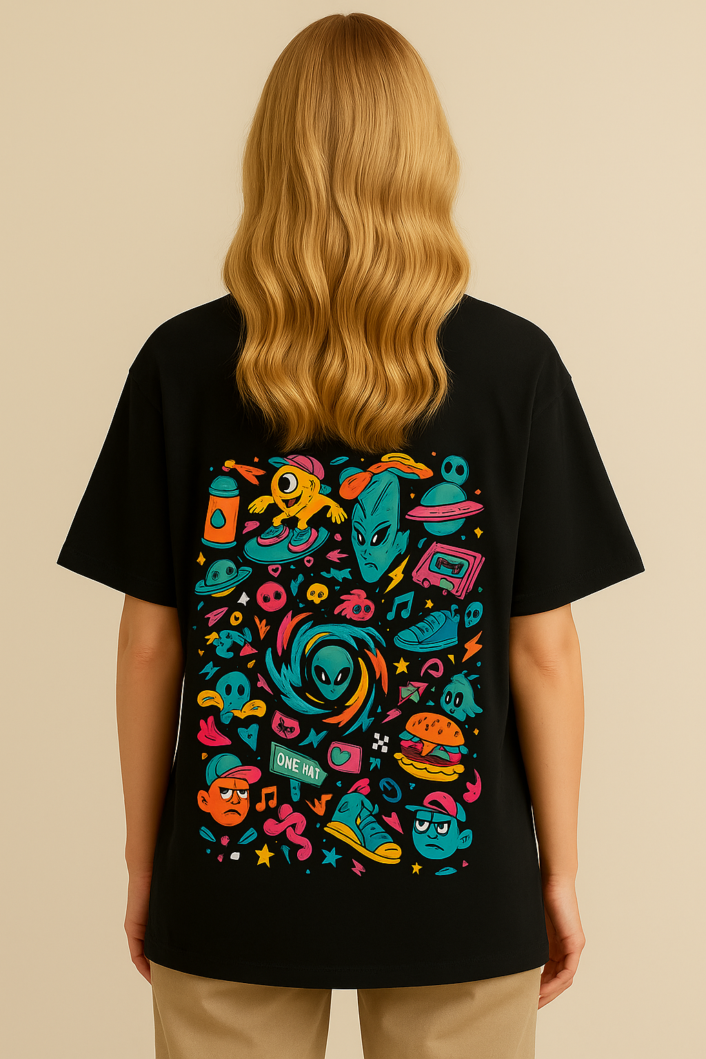 Colorful oversized street-style t-shirt design with alien, burger, retro and skate graphics on black background